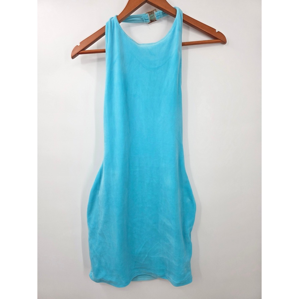 Musera NWT Turquoise Blue Velour Halter Mini Dress Open Back Size Small